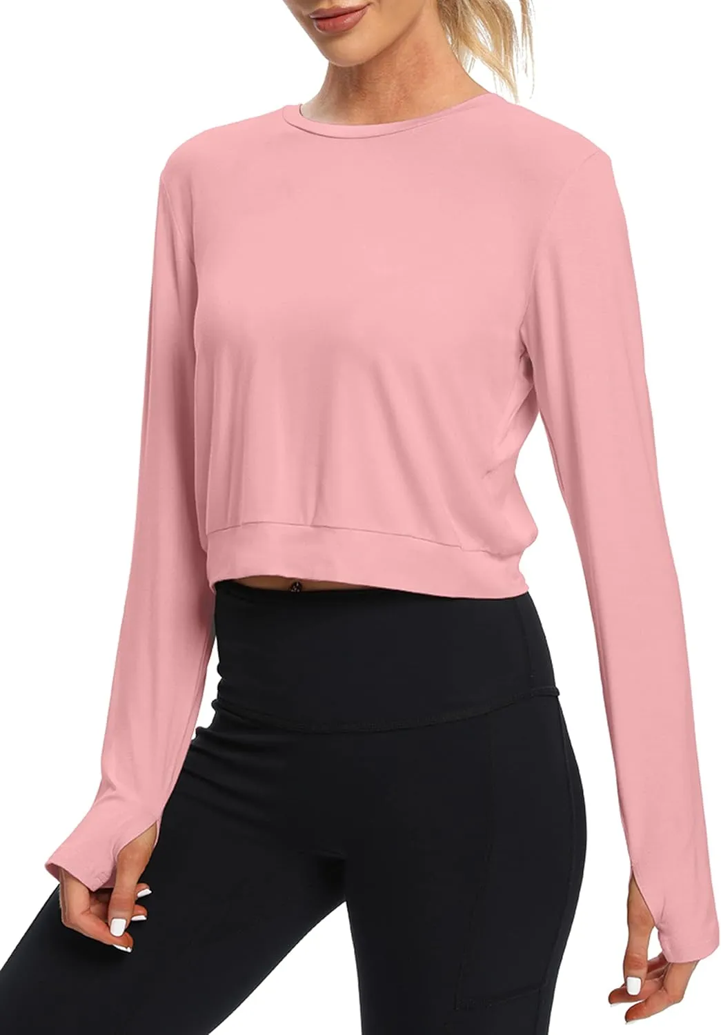 Bestisun Long Sleeve Workout Shirt Cross Back Cropped Running Athletic Tops for Women Thumb Hole