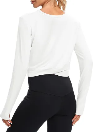 Bestisun Long Sleeve Workout Shirt Cross Back Cropped Running Athletic Tops for Women Thumb Hole