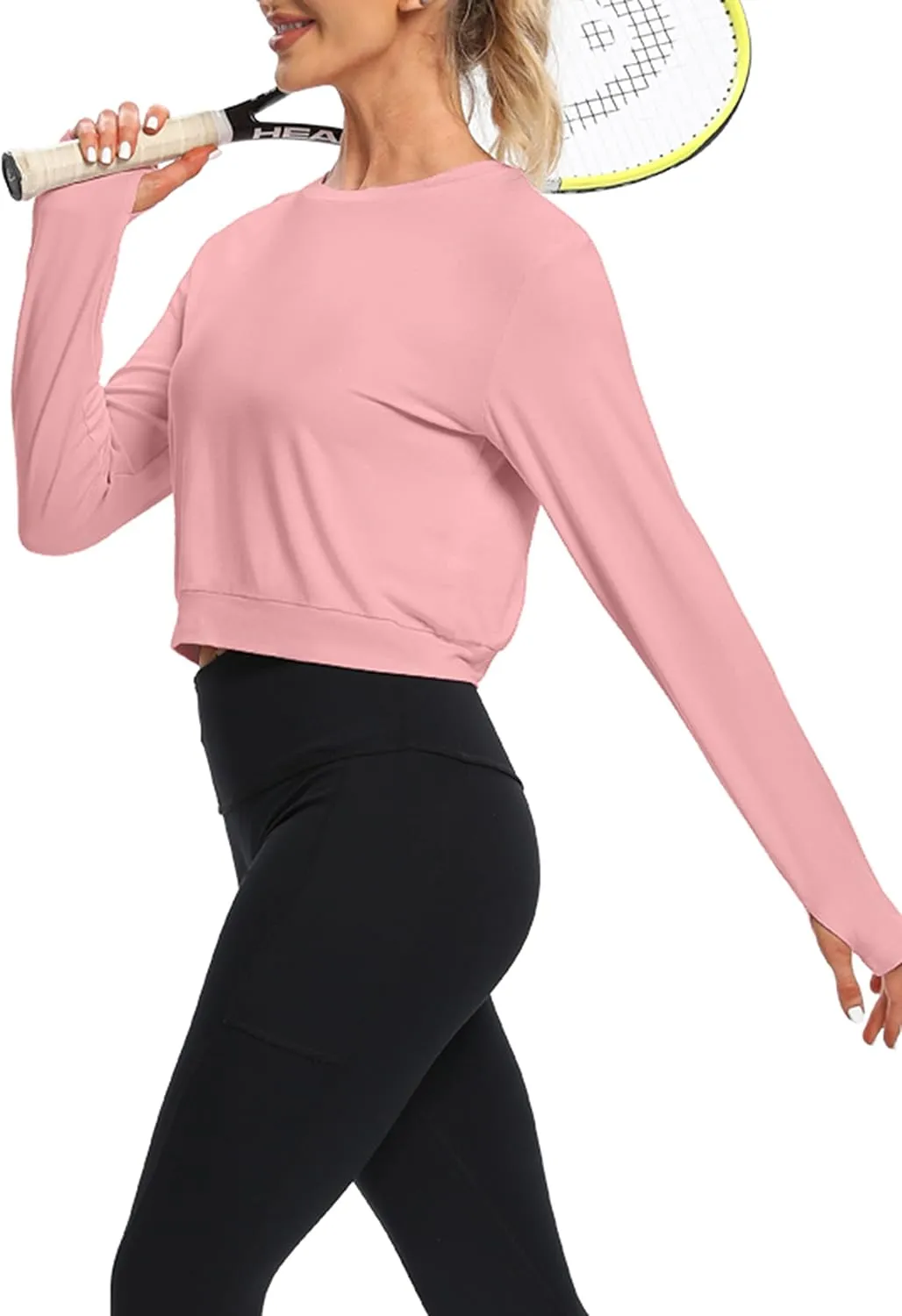 Bestisun Long Sleeve Workout Shirt Cross Back Cropped Running Athletic Tops for Women Thumb Hole