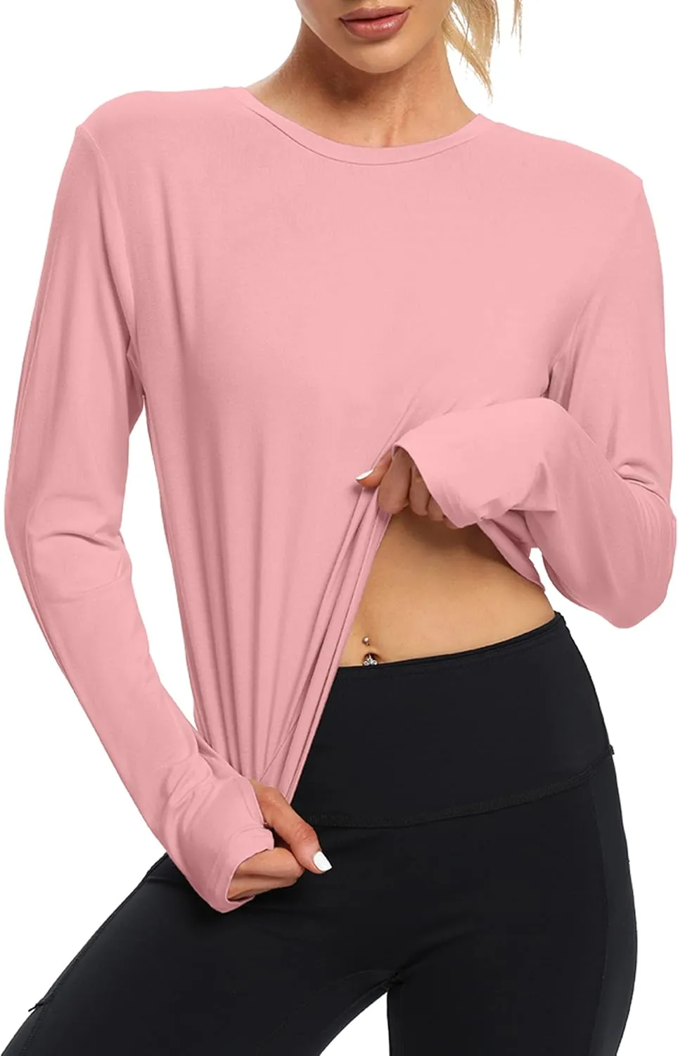 Bestisun Long Sleeve Workout Shirt Cross Back Cropped Running Athletic Tops for Women Thumb Hole