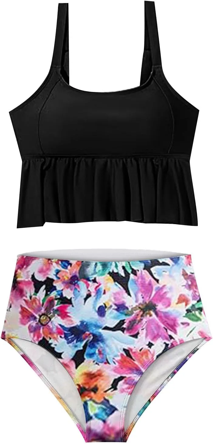 Bidobibo Swim Suits for Women 2025 Tummy Control High Waisted Swimsuit with Ruffle Top Womens Two Piece Tankini Bathing Suits
