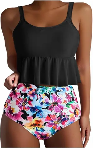Bidobibo Swim Suits for Women 2025 Tummy Control High Waisted Swimsuit with Ruffle Top Womens Two Piece Tankini Bathing Suits