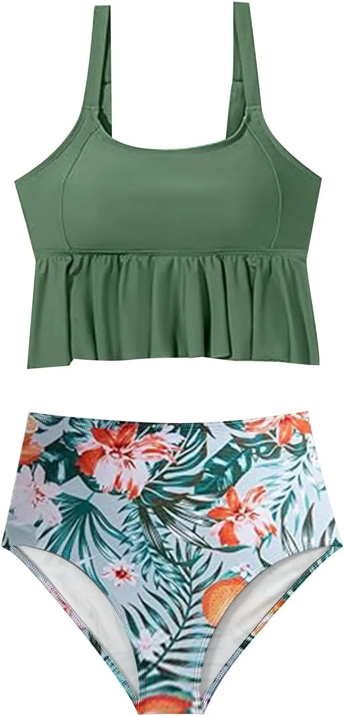 Bidobibo Swim Suits for Women 2025 Tummy Control High Waisted Swimsuit with Ruffle Top Womens Two Piece Tankini Bathing Suits