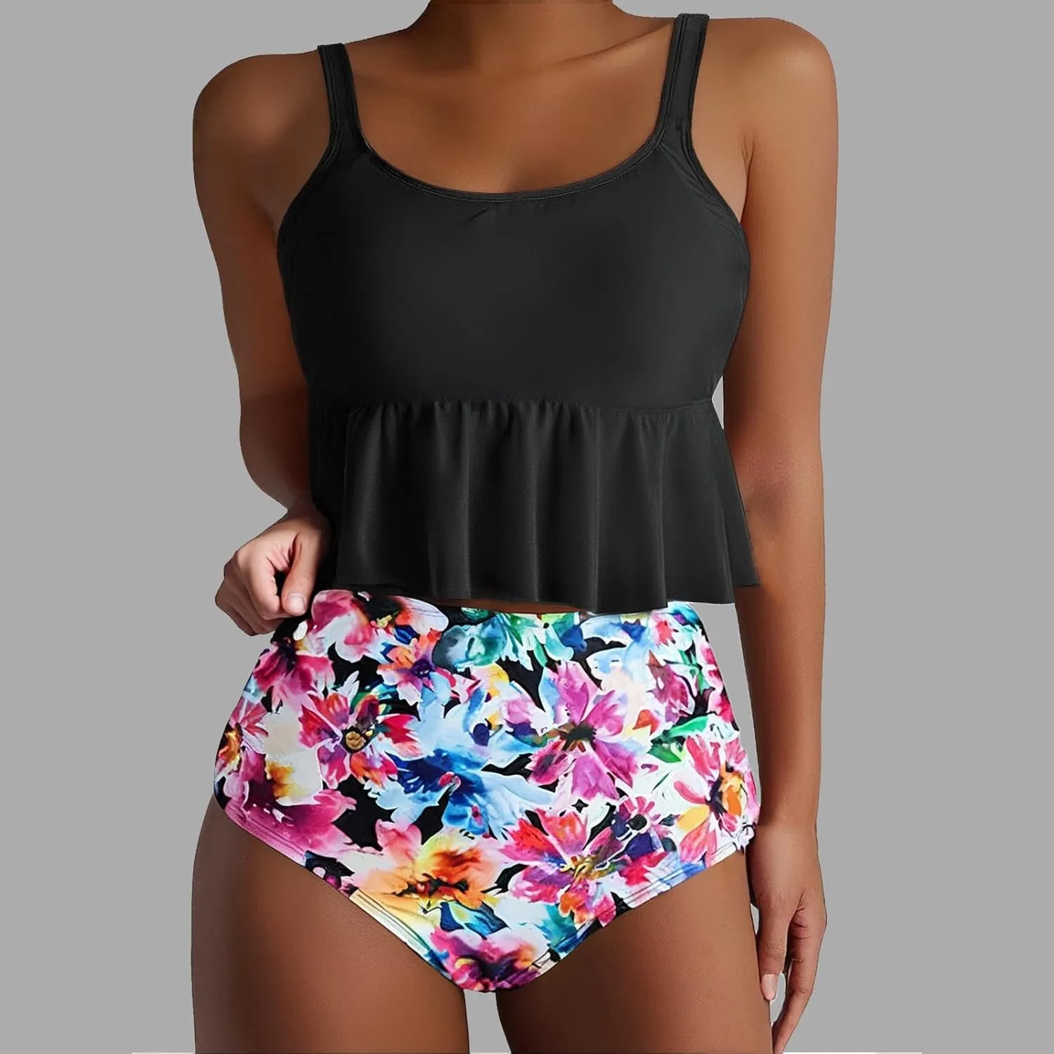 Bidobibo Swim Suits for Women 2025 Tummy Control High Waisted Swimsuit with Ruffle Top Womens Two Piece Tankini Bathing Suits