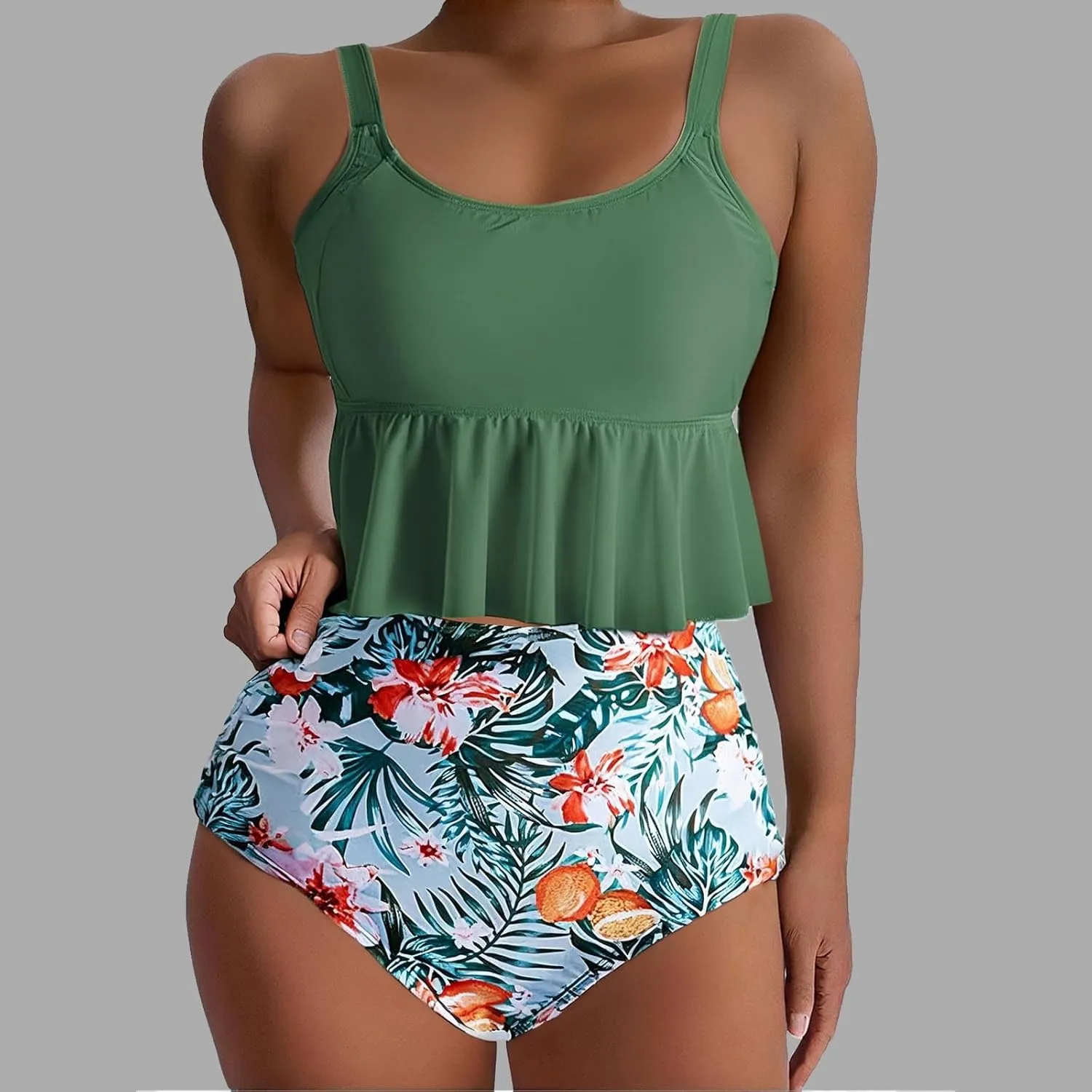 Bidobibo Swim Suits for Women 2025 Tummy Control High Waisted Swimsuit with Ruffle Top Womens Two Piece Tankini Bathing Suits