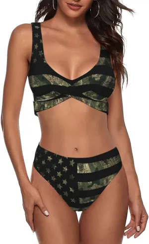 Bikini Set for Women Two Piece Swimsuit Print Sexy High Waisted Swimwear V Neck Cheeky Bathing Suit