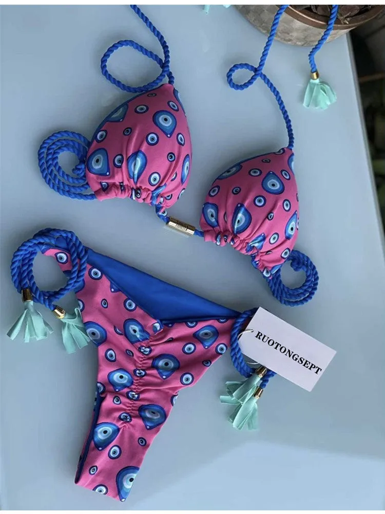 Bikini Set with Braided Low-rise Bottoms and Printed Soft Cups Swimwear