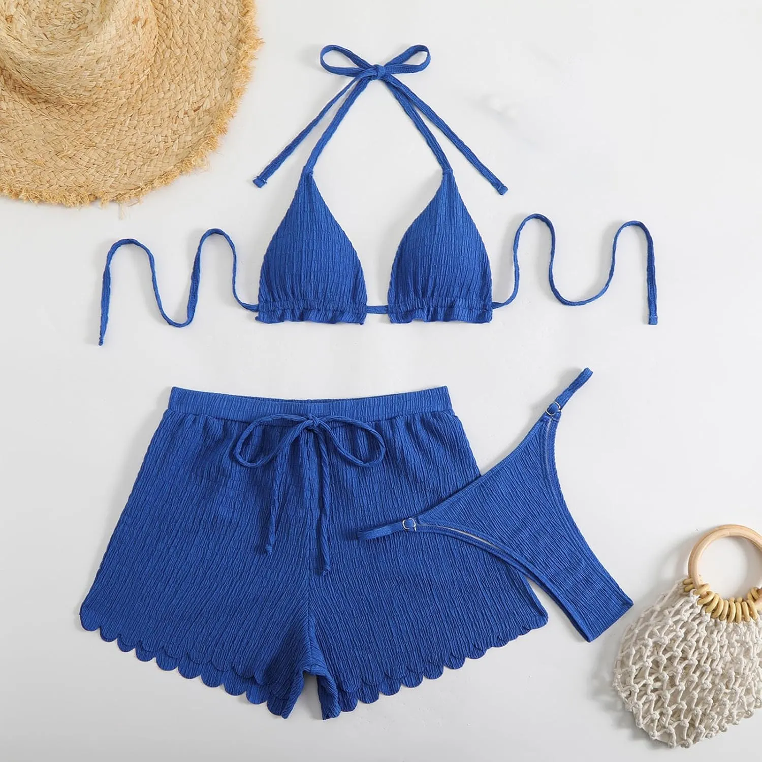 Bikini Sets for Women 3 Piece Fashion Textured Triangle Bathing Suit Swimsuit with Ruffle Trime Wide Leg Shorts