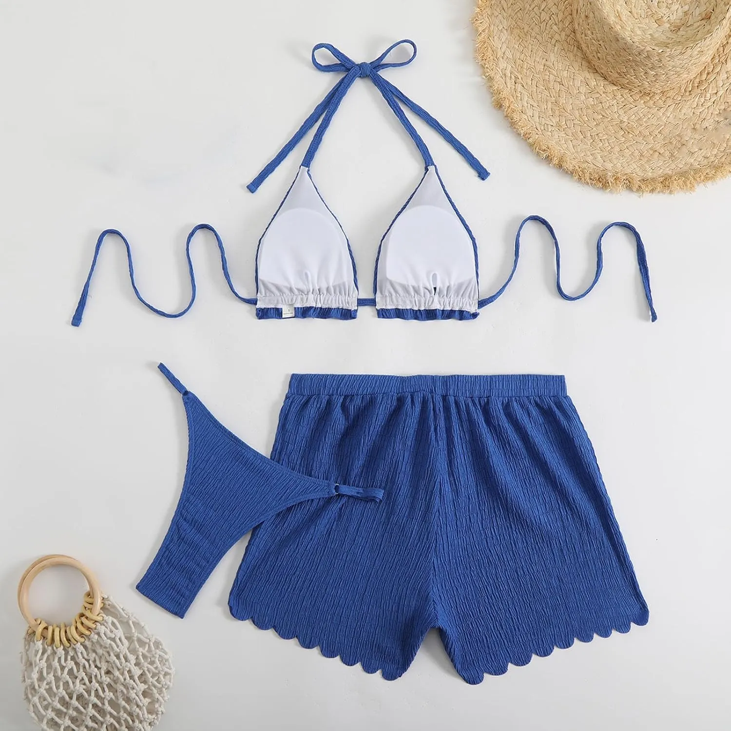 Bikini Sets for Women 3 Piece Fashion Textured Triangle Bathing Suit Swimsuit with Ruffle Trime Wide Leg Shorts