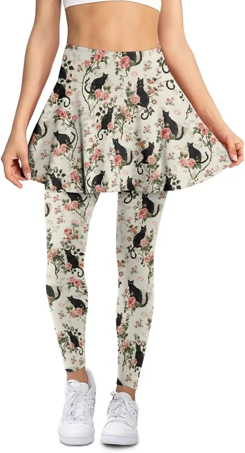 Biyejit Women Tennis Skirted Leggings with Pockets, Yoga Leggings with Skirts Athletic Golf Skapri with Skirt