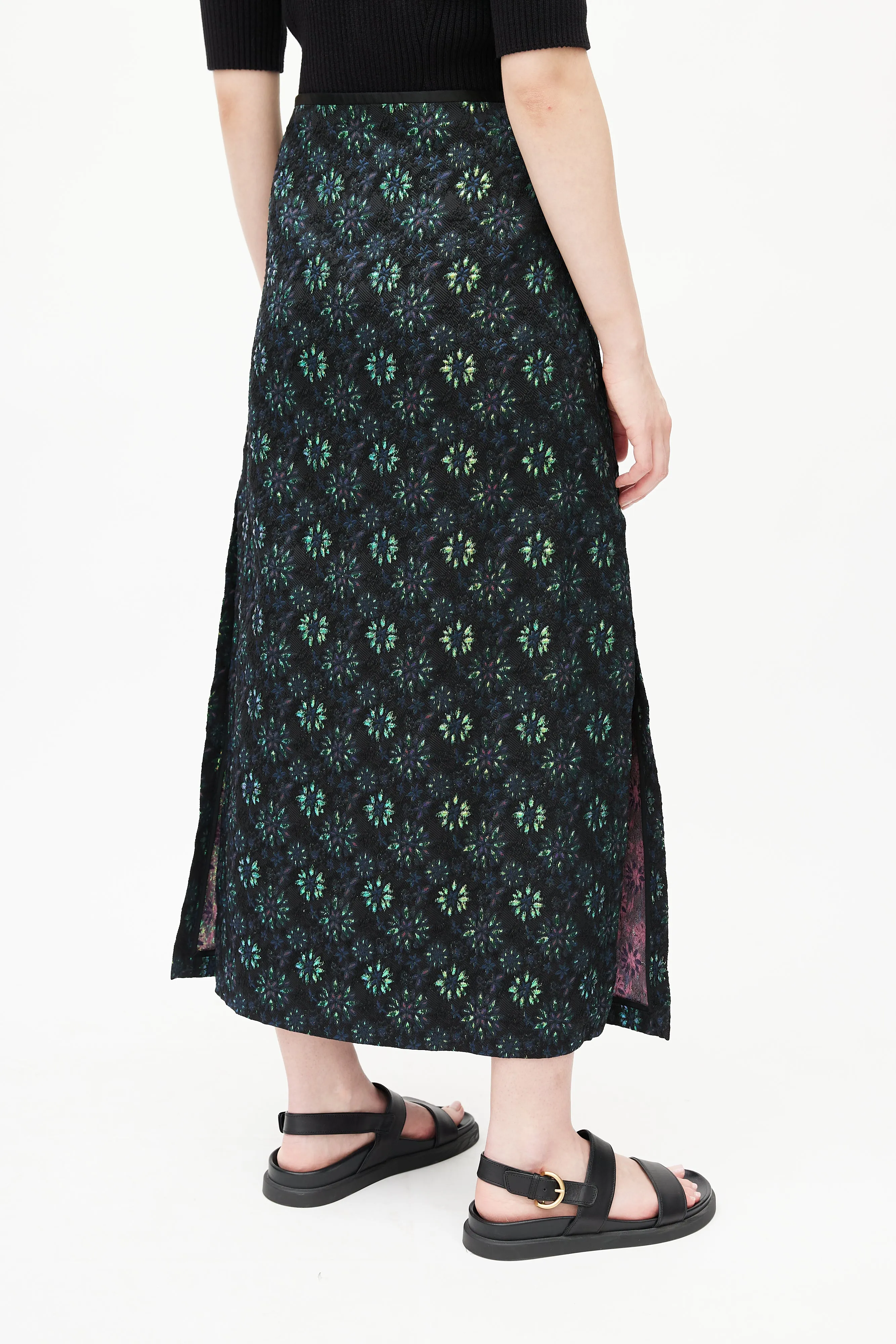 Black & Multicolour Floral Jacquard Wrap Skirt