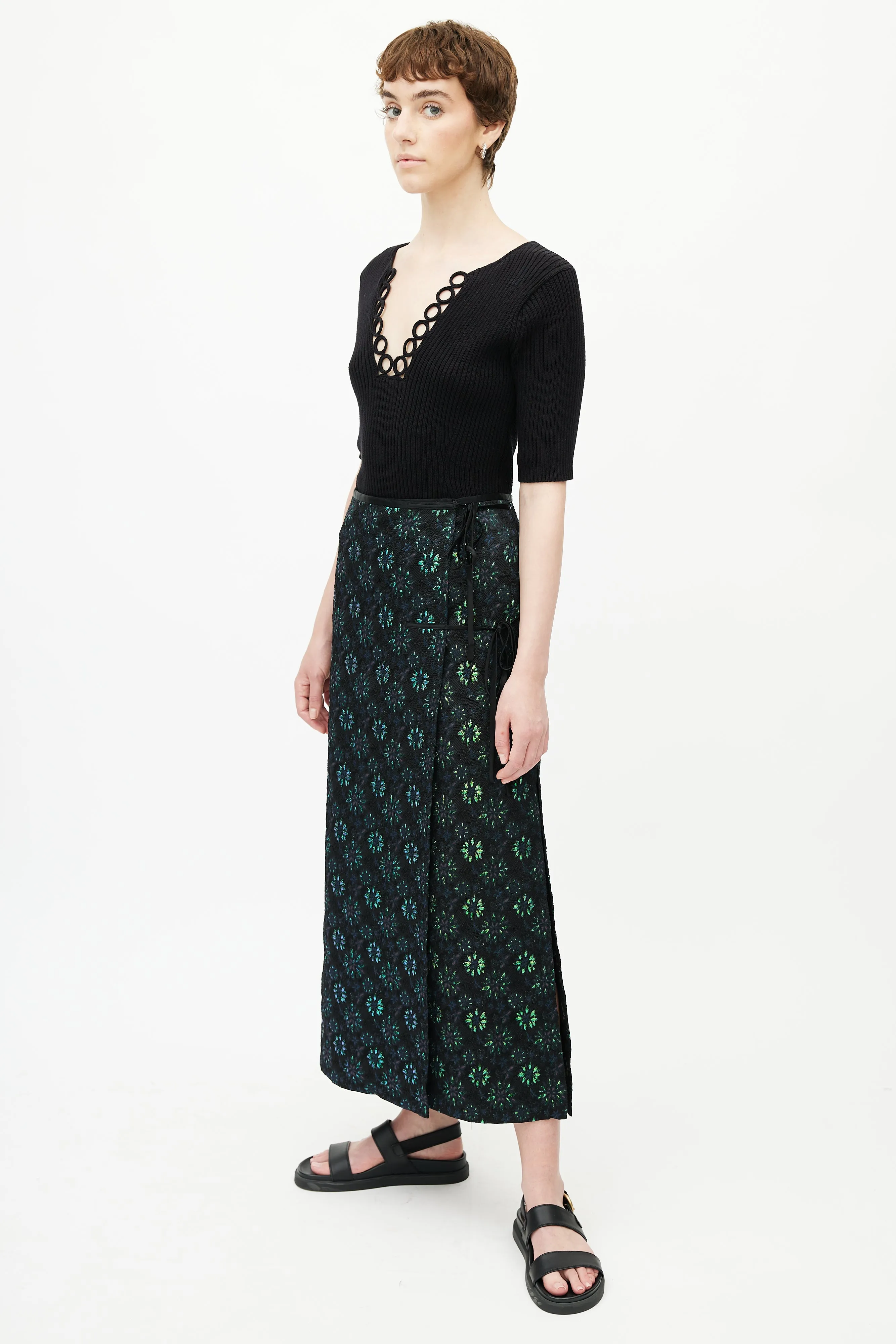 Black & Multicolour Floral Jacquard Wrap Skirt