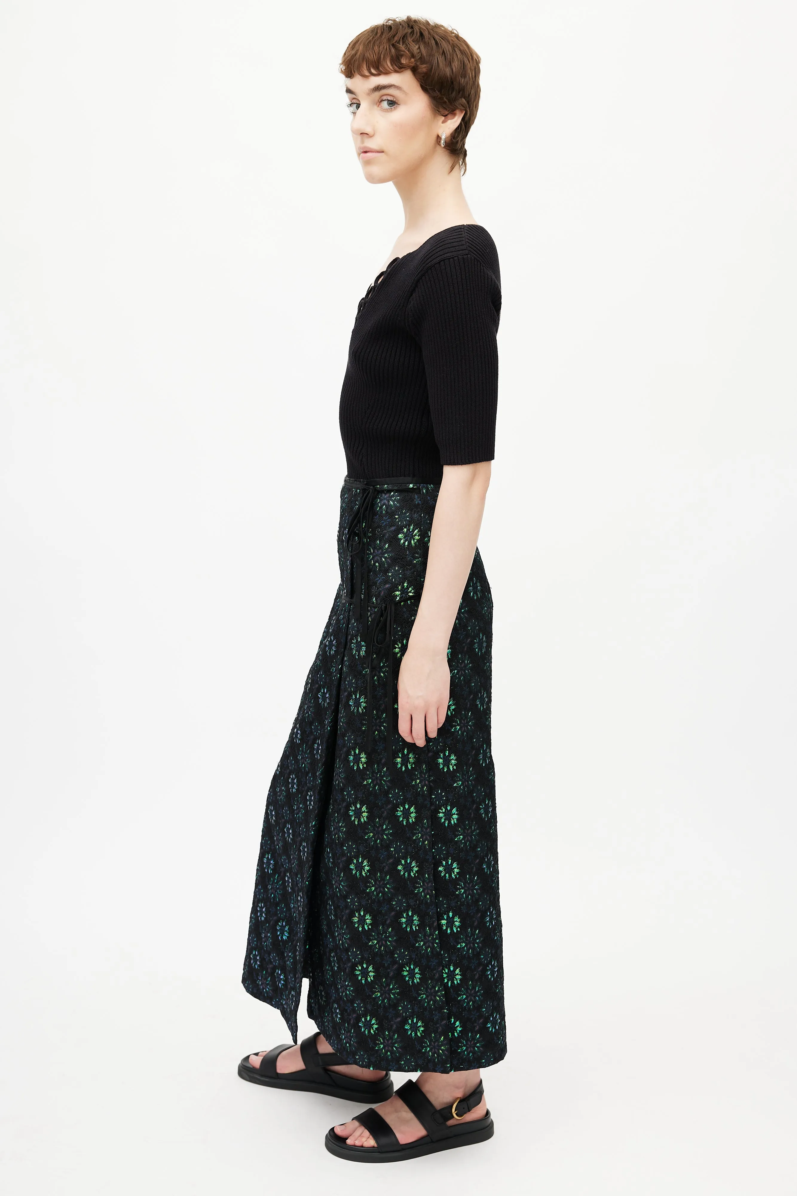 Black & Multicolour Floral Jacquard Wrap Skirt