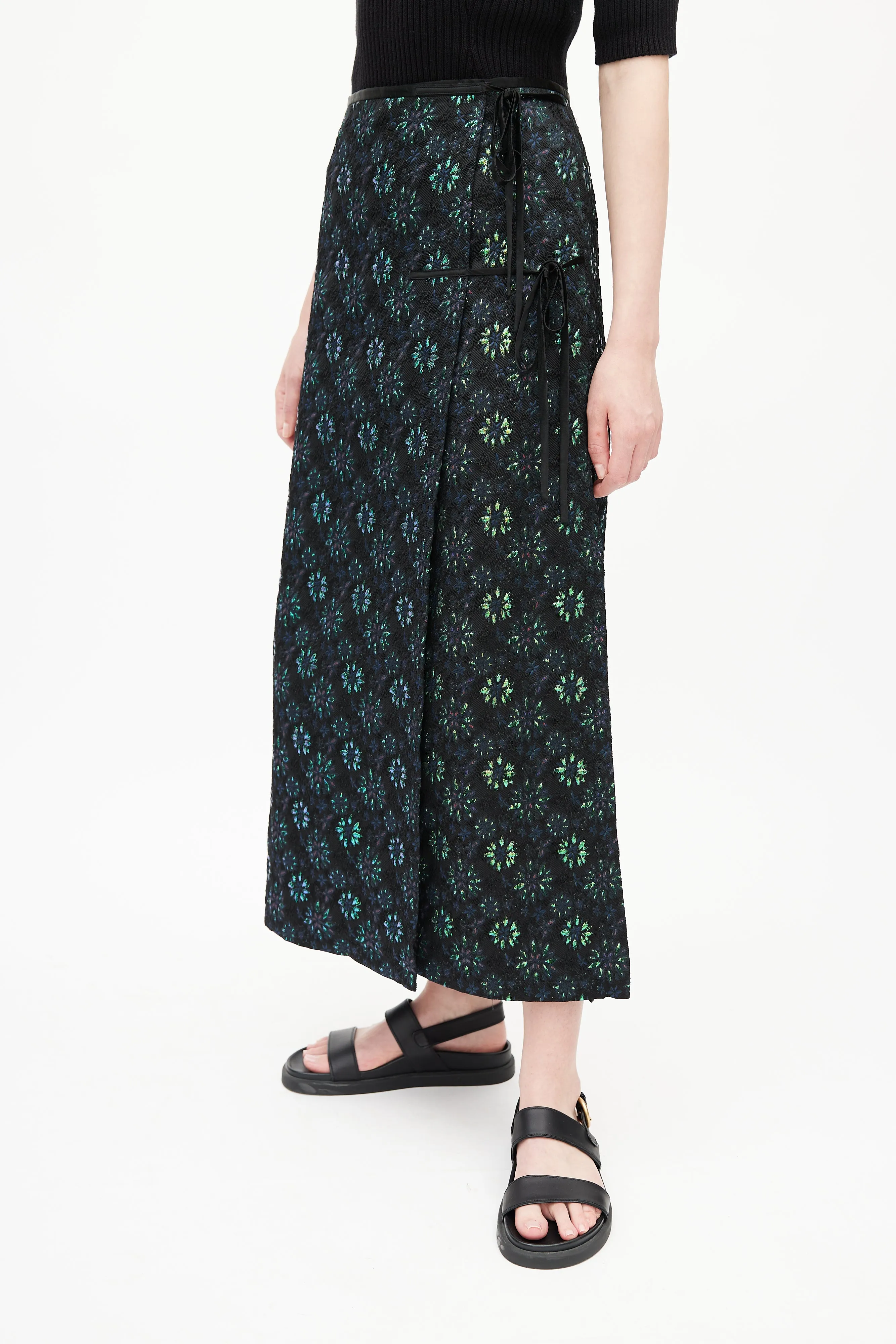 Black & Multicolour Floral Jacquard Wrap Skirt