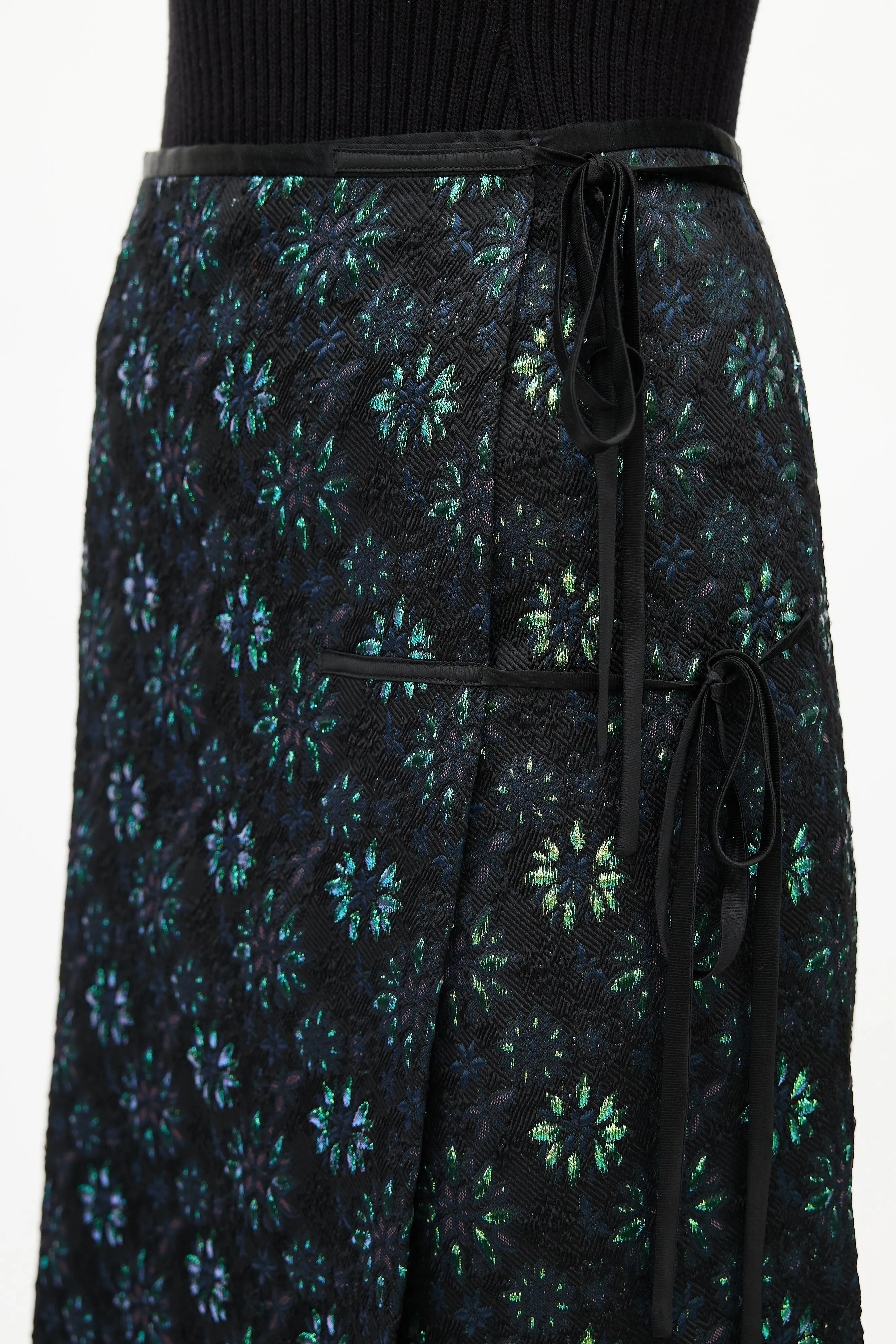 Black & Multicolour Floral Jacquard Wrap Skirt