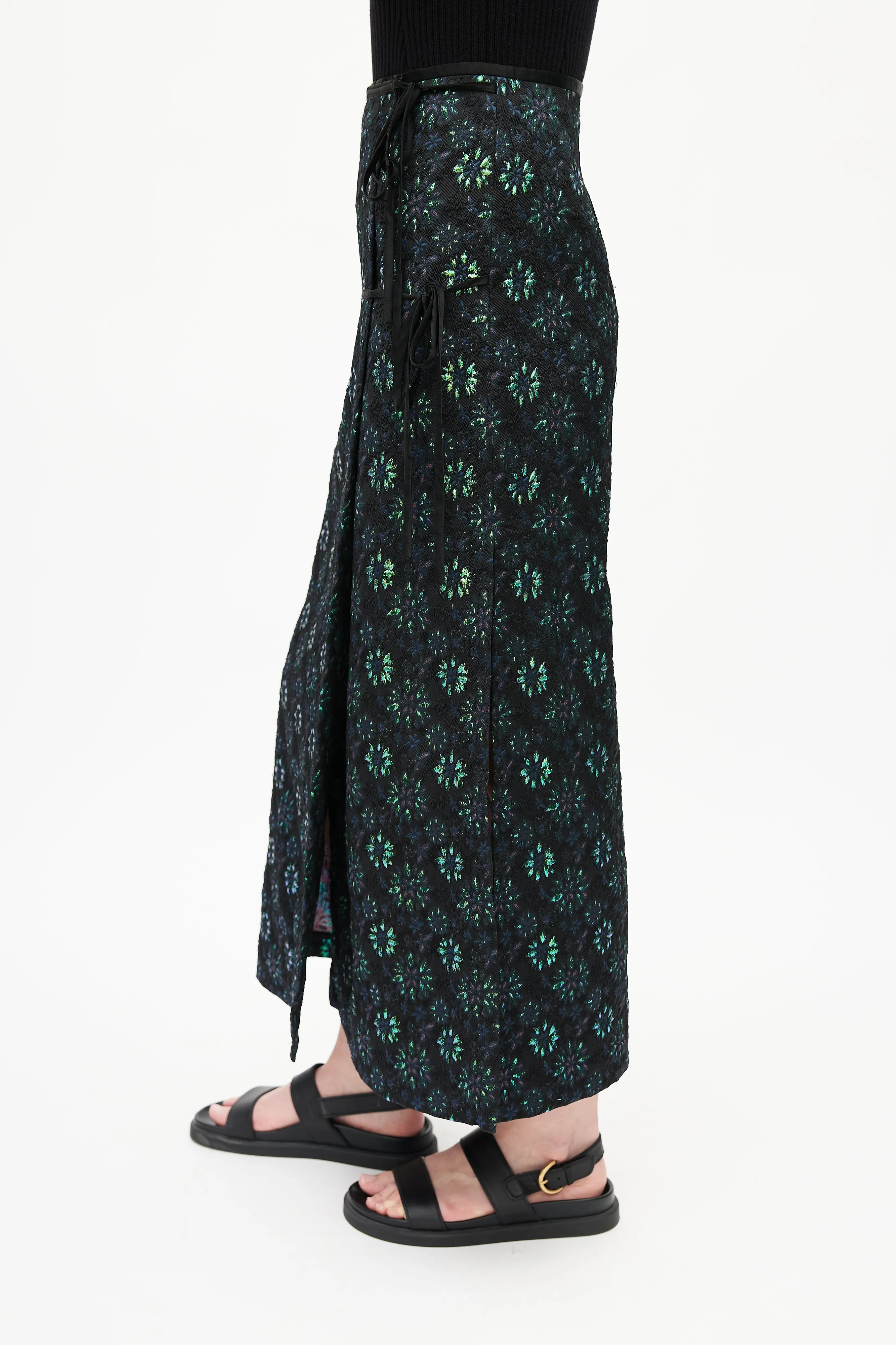 Black & Multicolour Floral Jacquard Wrap Skirt