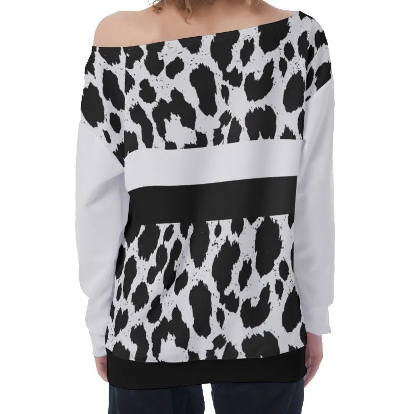 Black & White Leopard Stripes Oversized Off-Shoulder Sweatshirt up to 4 XL