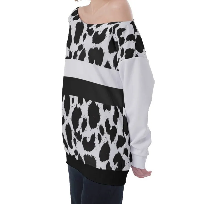 Black & White Leopard Stripes Oversized Off-Shoulder Sweatshirt up to 4 XL