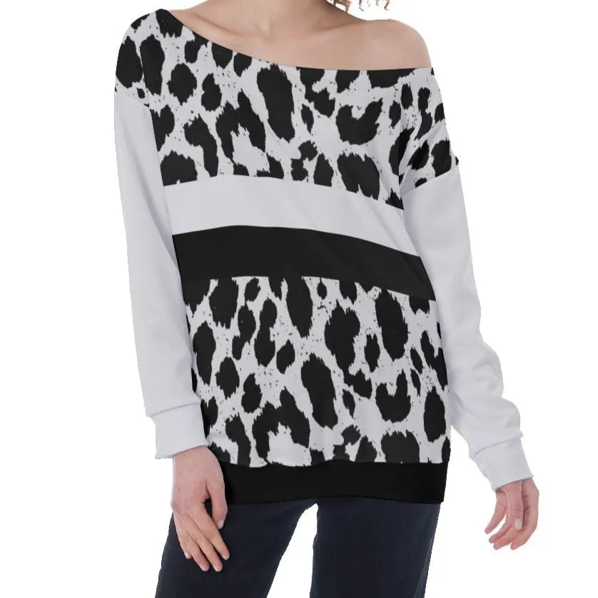 Black & White Leopard Stripes Oversized Off-Shoulder Sweatshirt up to 4 XL