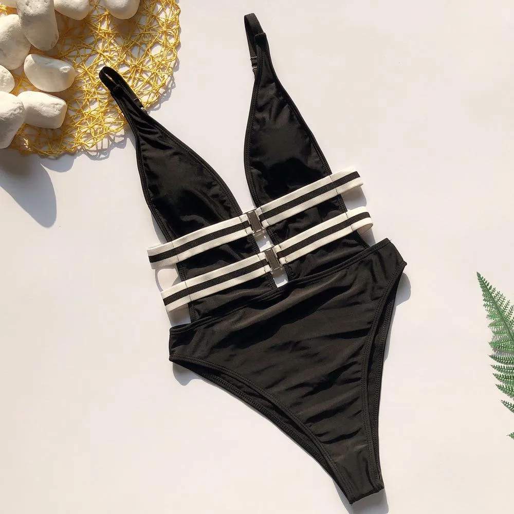 Black Buckle Low Back High Cut Swimsuit