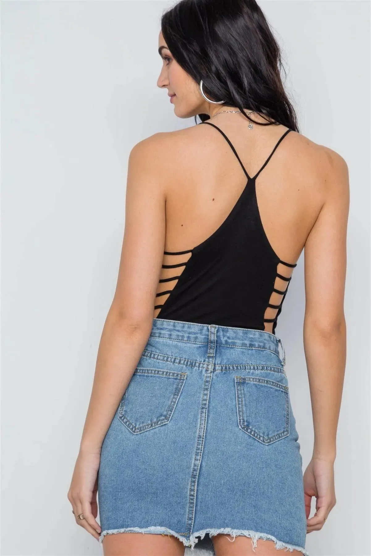 Black Cami Strappy V-Neck Solid Bodysuit /2-1