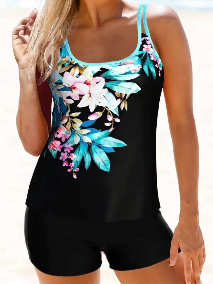 Black Floral Print Double Straps Tankini Set