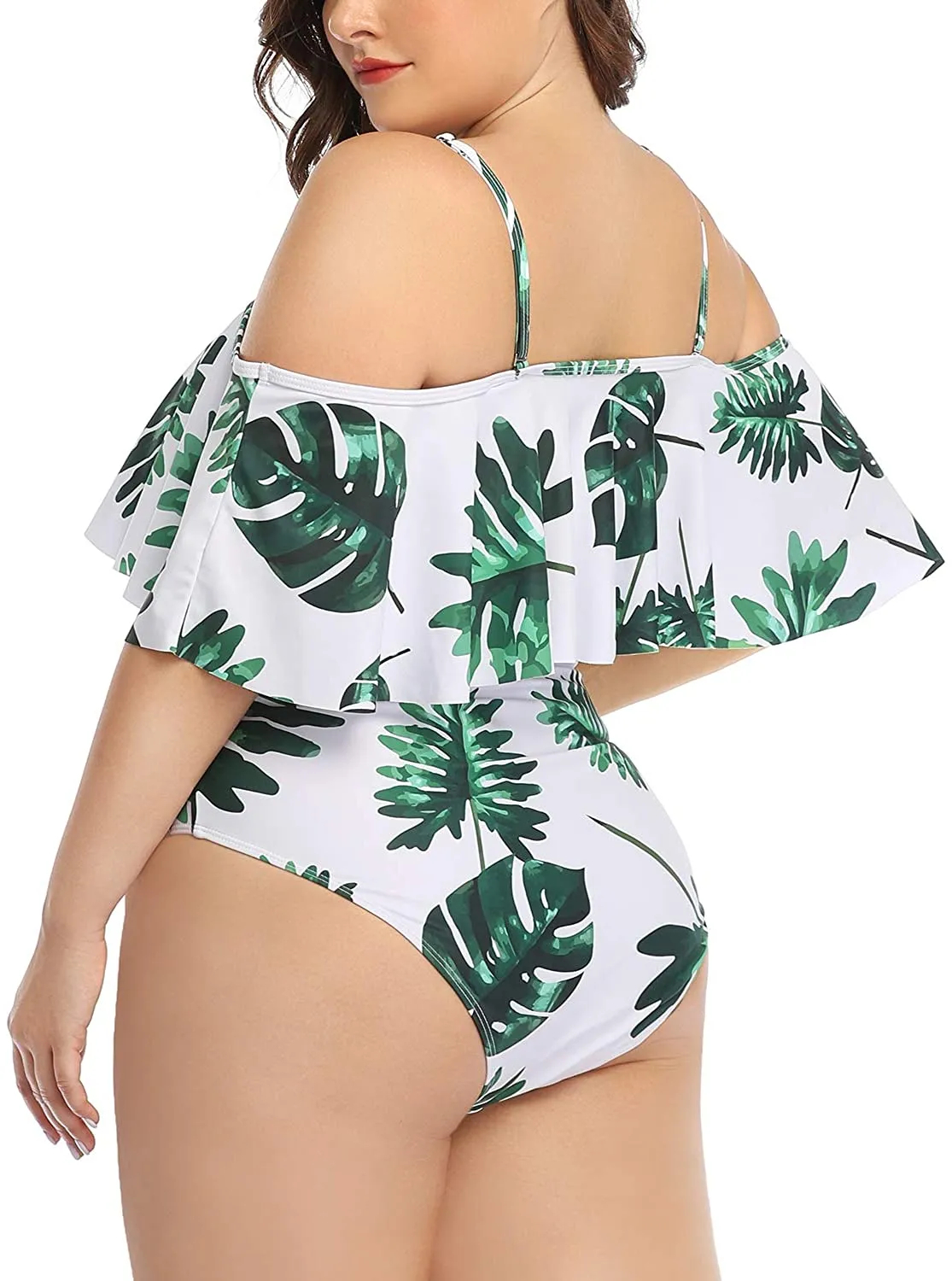 Black Floral Women Plus Size One Piece Tummy Control Flounce Bathing Suits