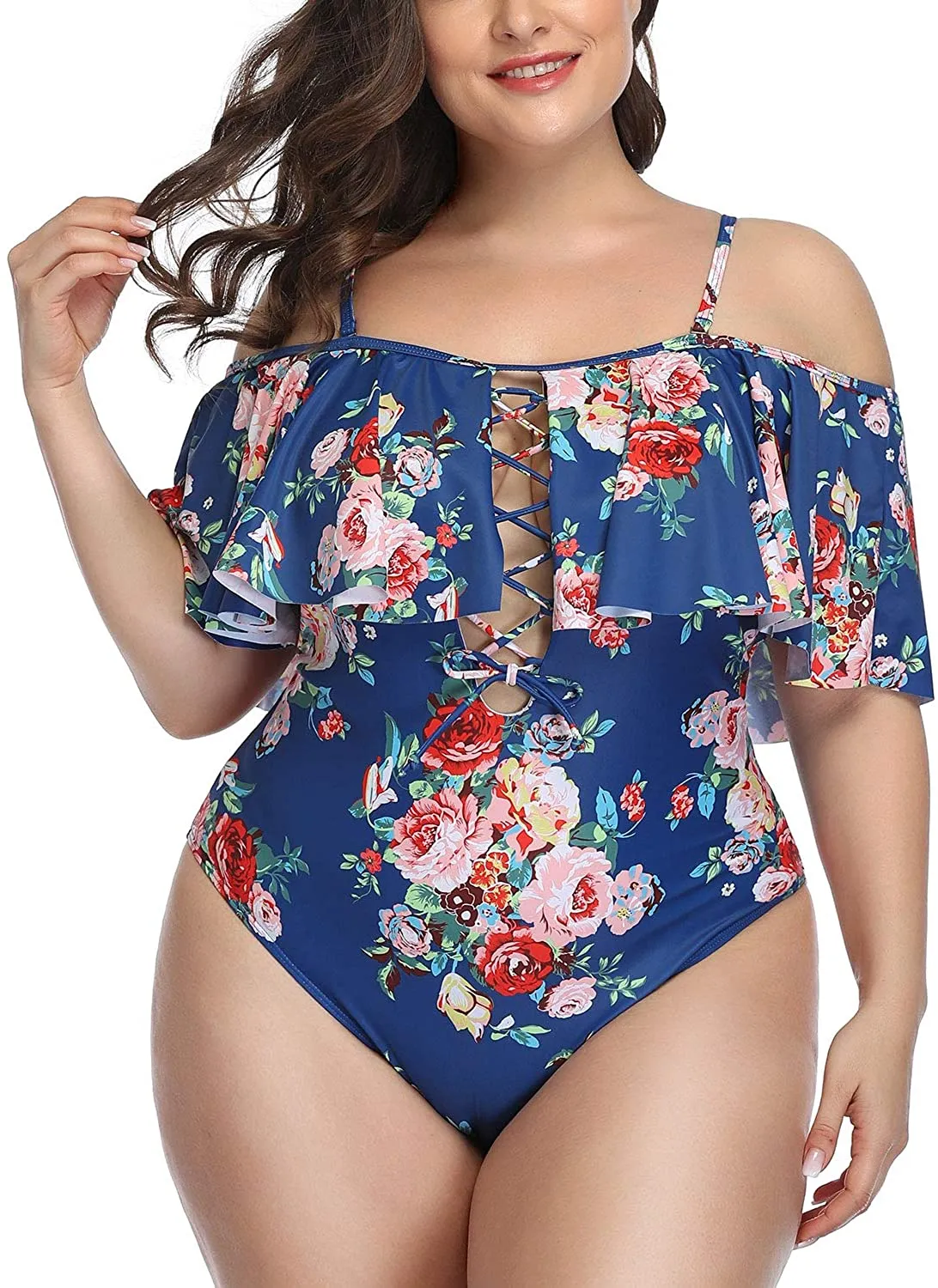 Black Floral Women Plus Size One Piece Tummy Control Flounce Bathing Suits