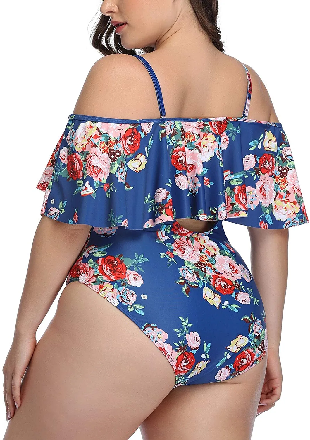 Black Floral Women Plus Size One Piece Tummy Control Flounce Bathing Suits