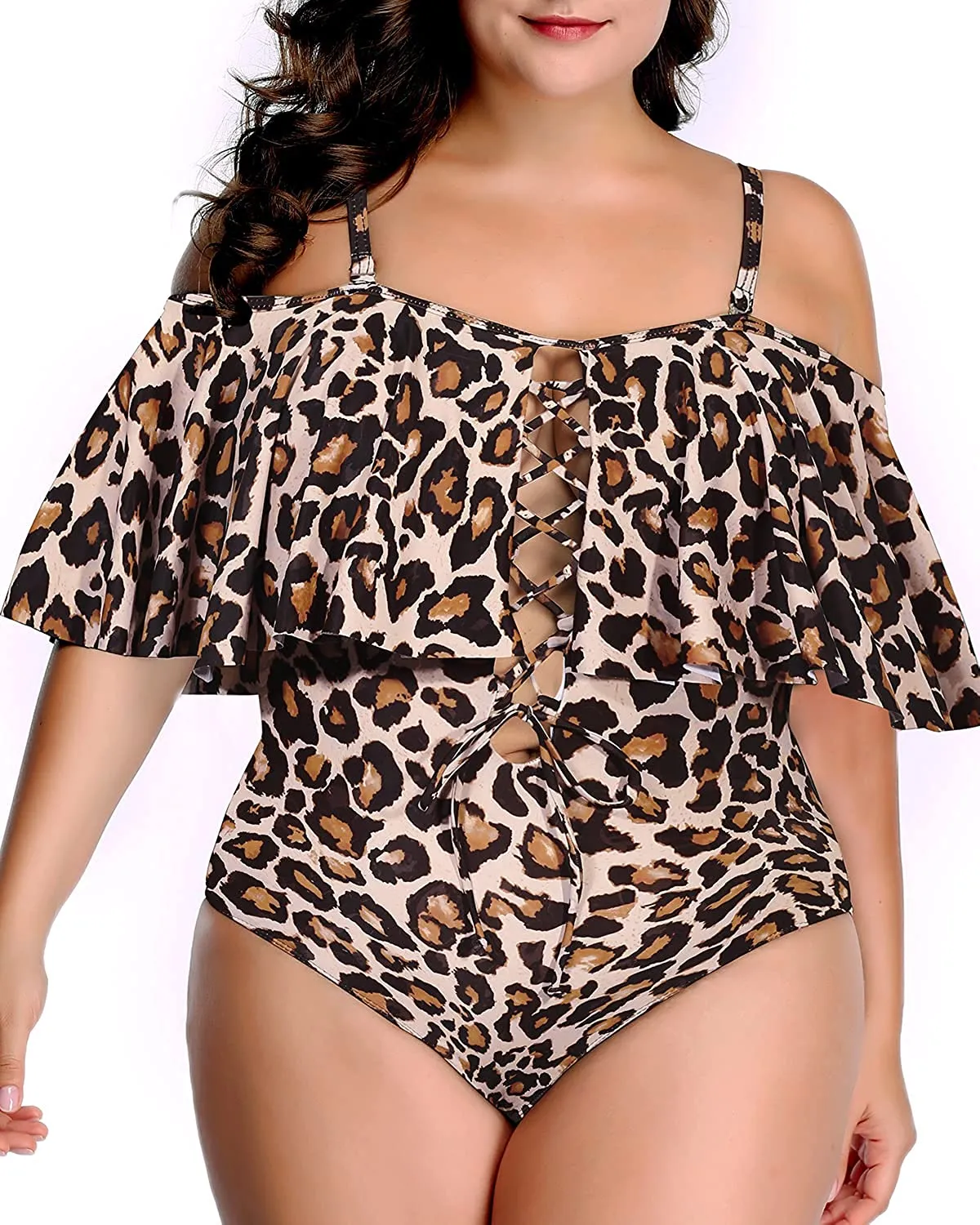 Black Floral Women Plus Size One Piece Tummy Control Flounce Bathing Suits