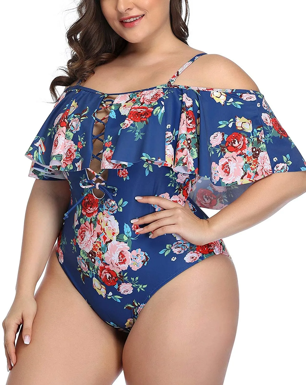Black Floral Women Plus Size One Piece Tummy Control Flounce Bathing Suits