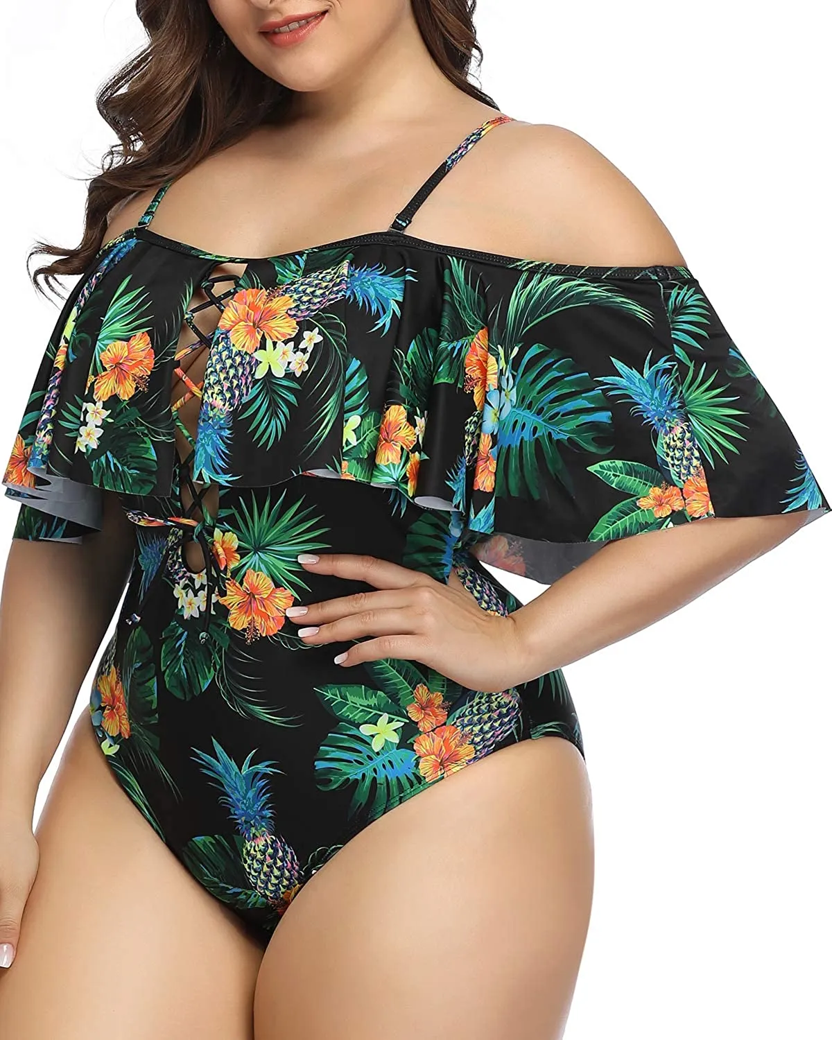 Black Floral Women Plus Size One Piece Tummy Control Flounce Bathing Suits