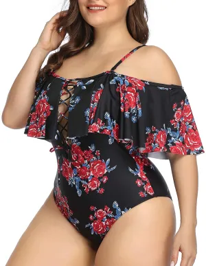 Black Floral Women Plus Size One Piece Tummy Control Flounce Bathing Suits