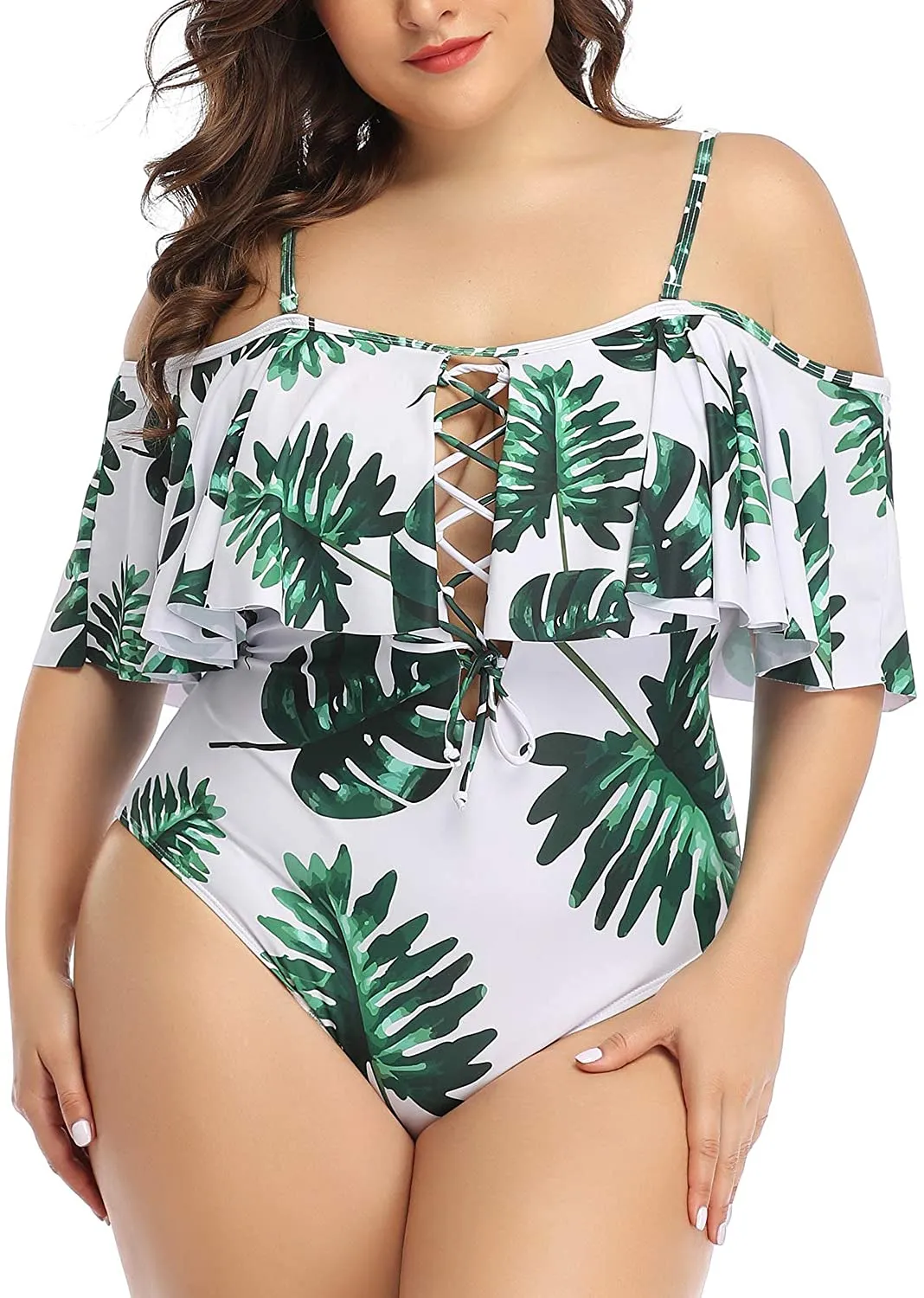 Black Floral Women Plus Size One Piece Tummy Control Flounce Bathing Suits