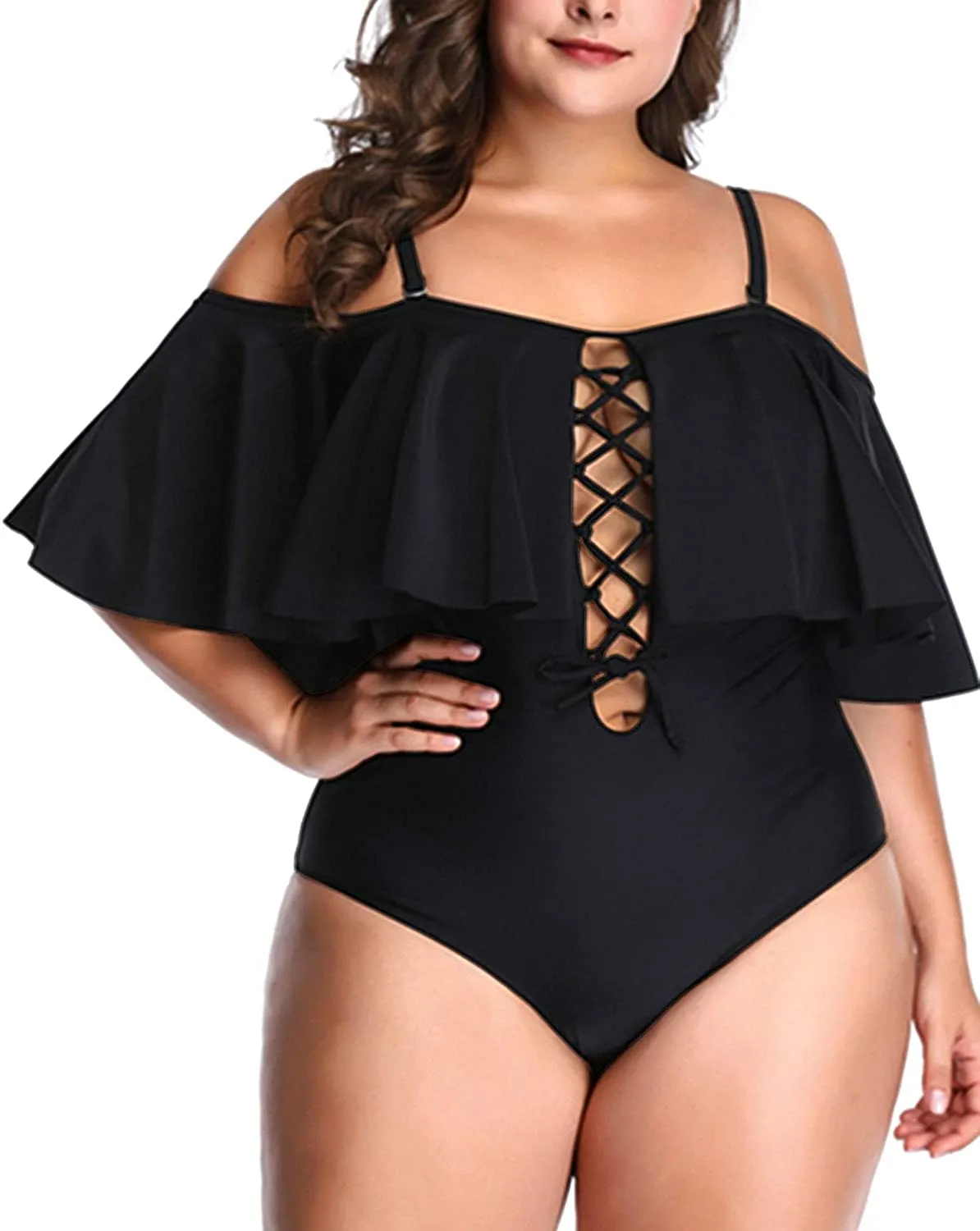 Black Floral Women Plus Size One Piece Tummy Control Flounce Bathing Suits