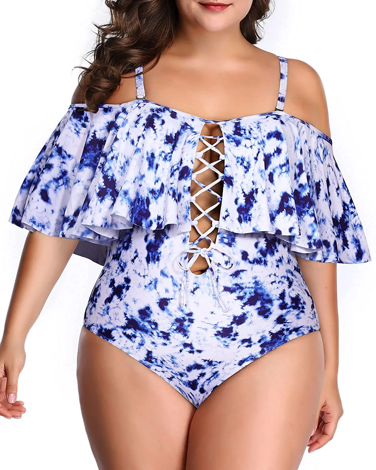 Black Floral Women Plus Size One Piece Tummy Control Flounce Bathing Suits