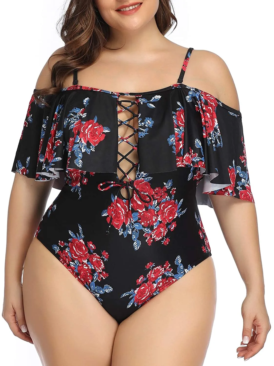Black Floral Women Plus Size One Piece Tummy Control Flounce Bathing Suits