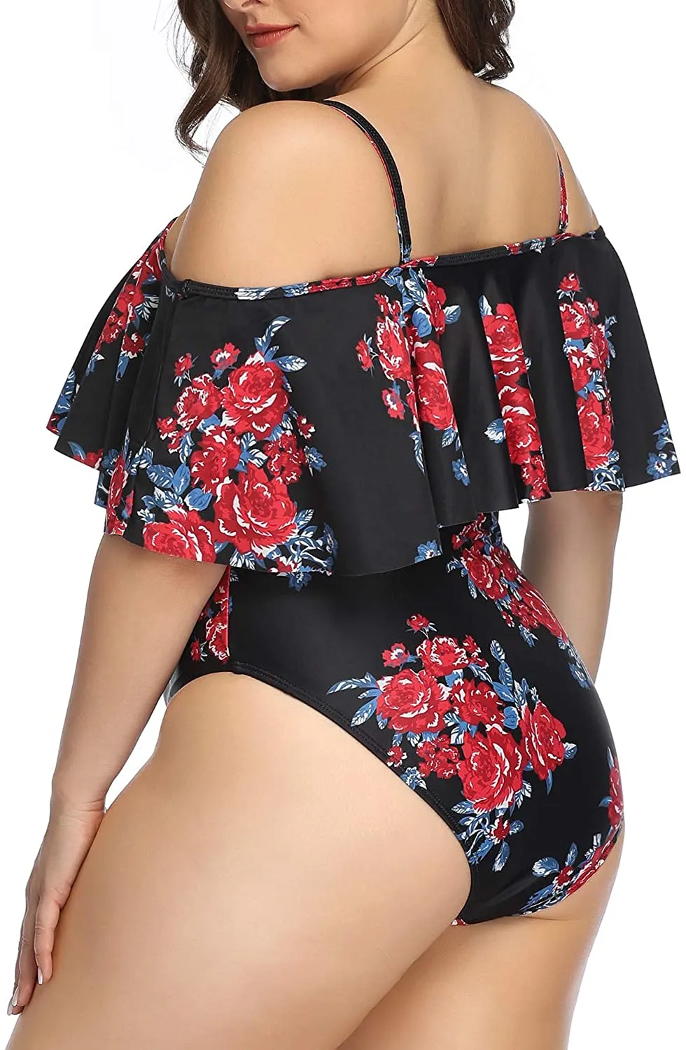 Black Floral Women Plus Size One Piece Tummy Control Flounce Bathing Suits
