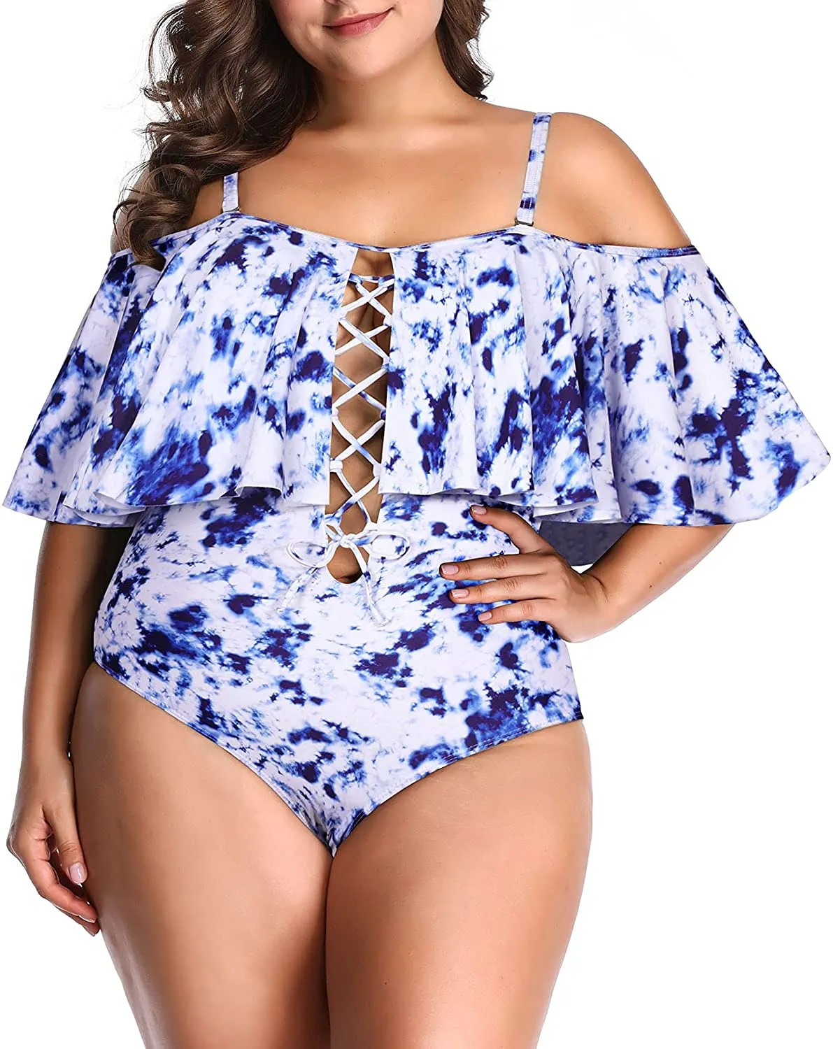 Black Floral Women Plus Size One Piece Tummy Control Flounce Bathing Suits