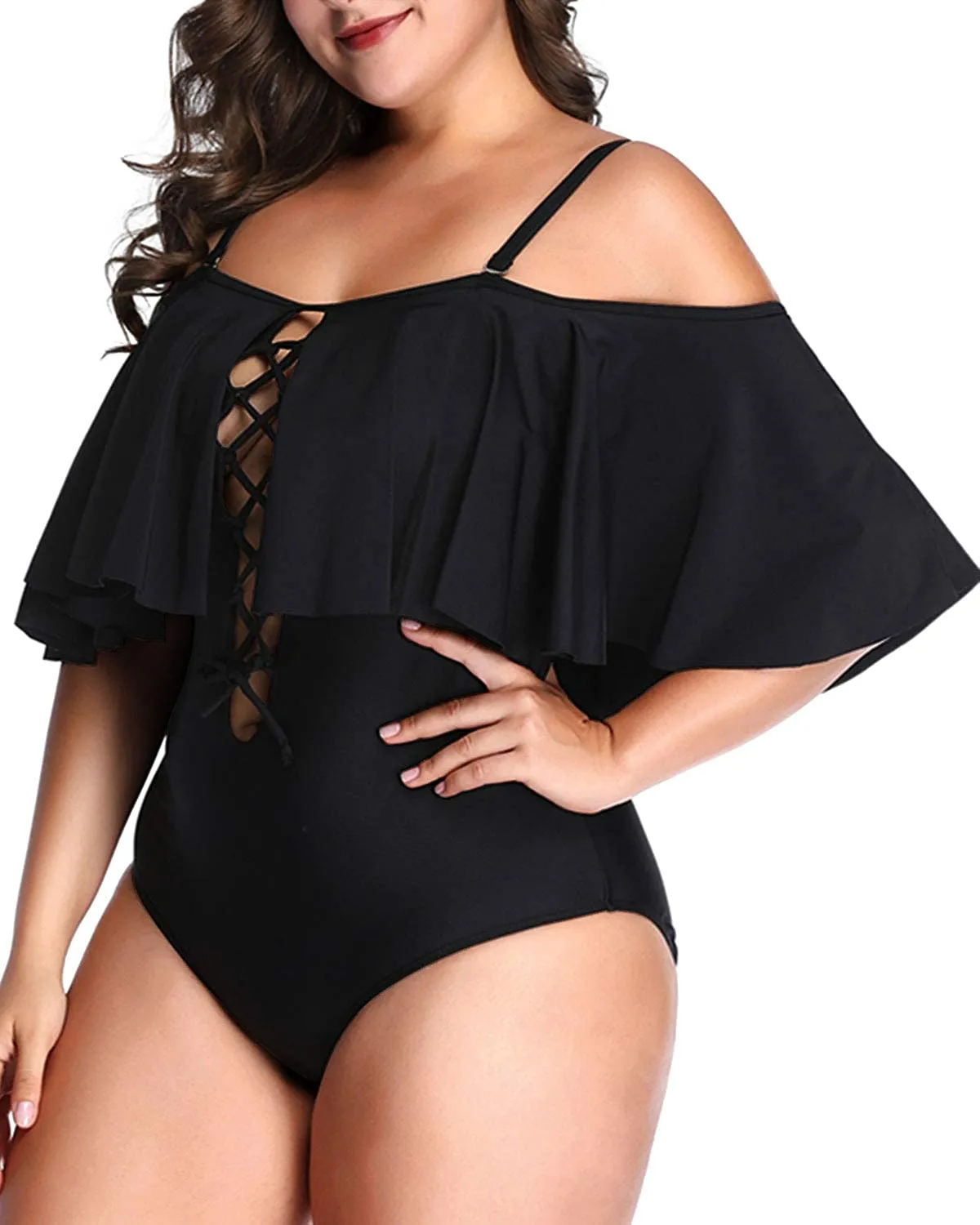 Black Floral Women Plus Size One Piece Tummy Control Flounce Bathing Suits