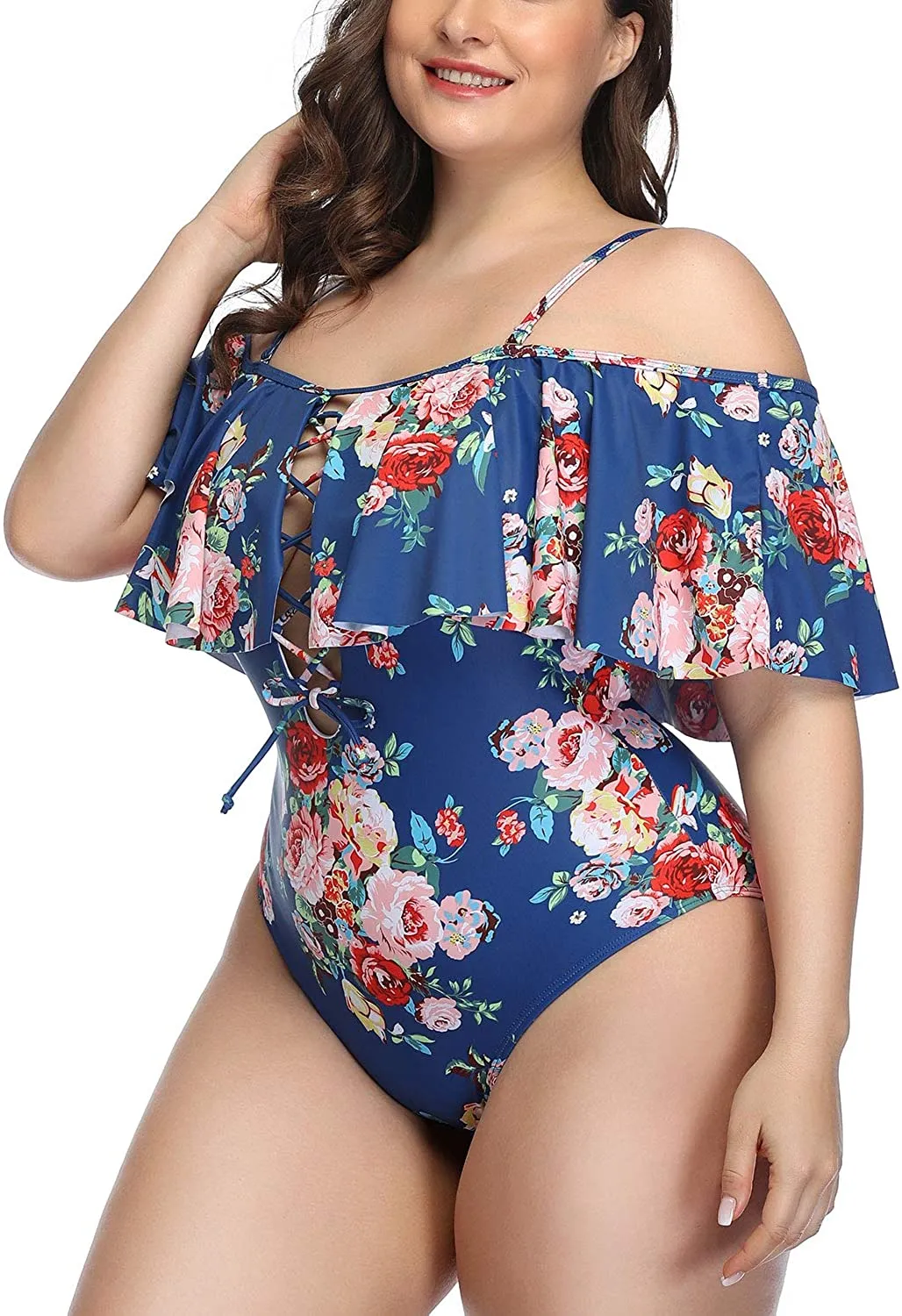 Black Floral Women Plus Size One Piece Tummy Control Flounce Bathing Suits