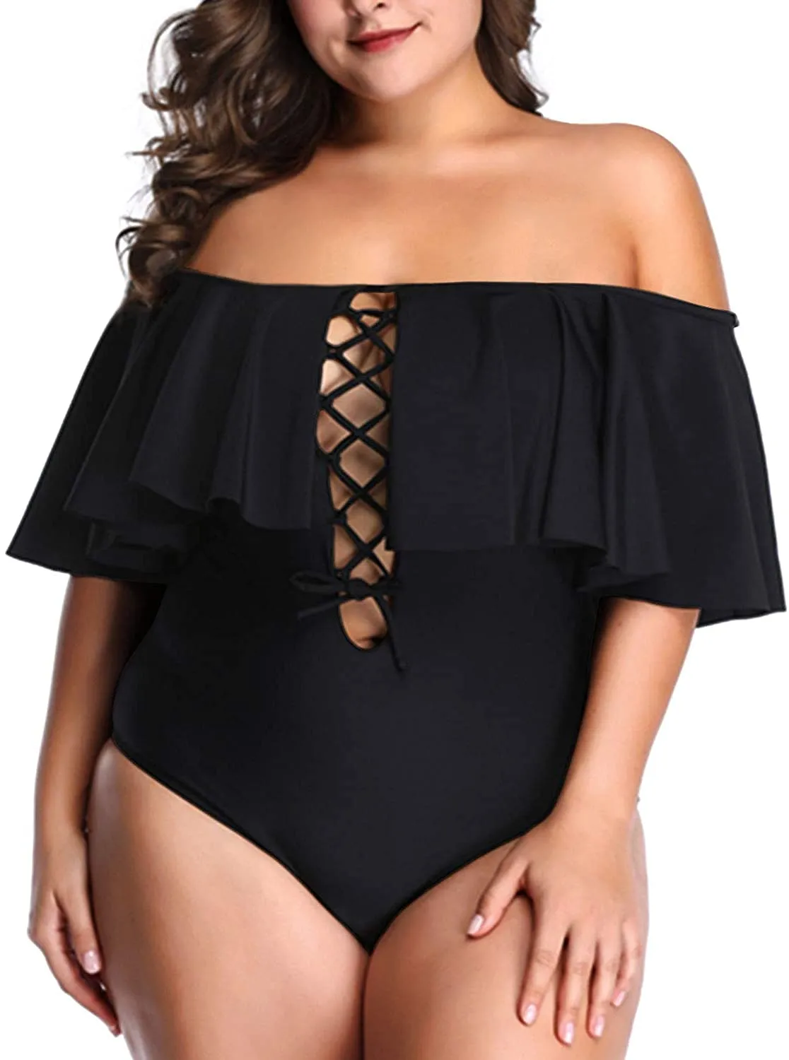 Black Floral Women Plus Size One Piece Tummy Control Flounce Bathing Suits