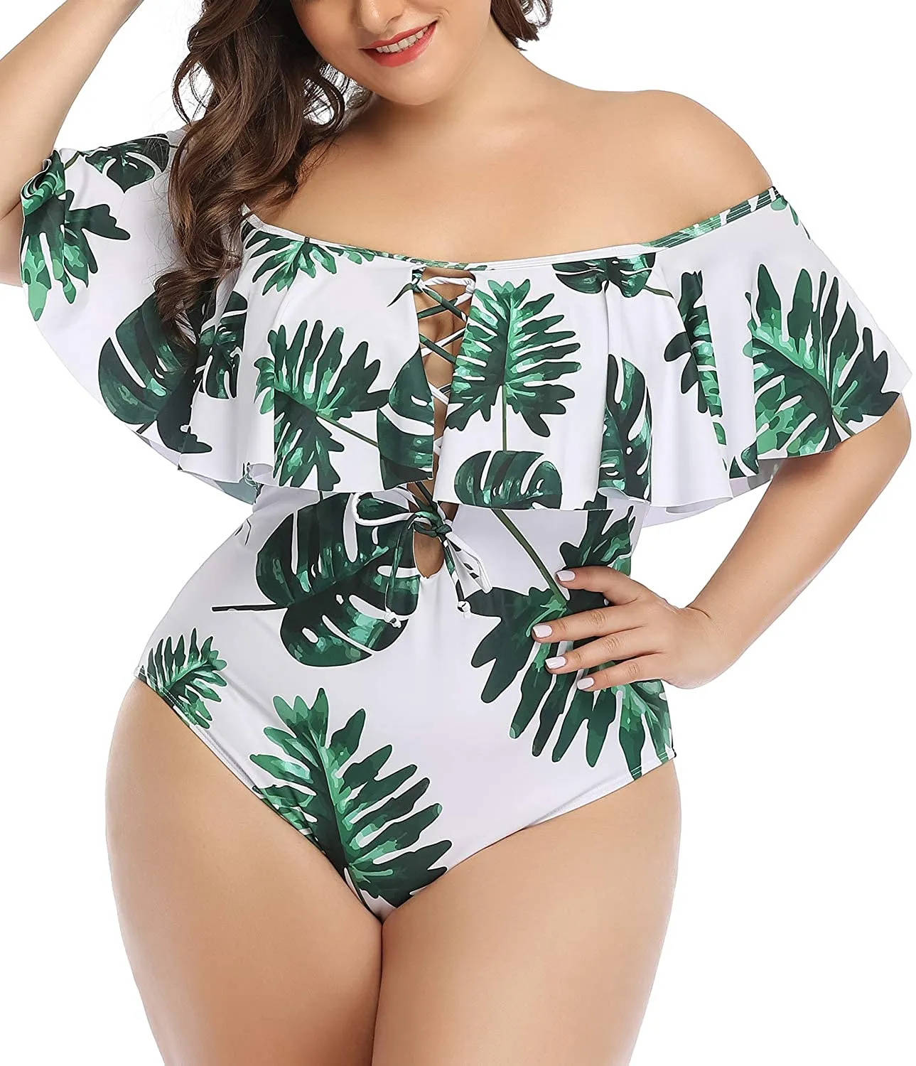 Black Floral Women Plus Size One Piece Tummy Control Flounce Bathing Suits