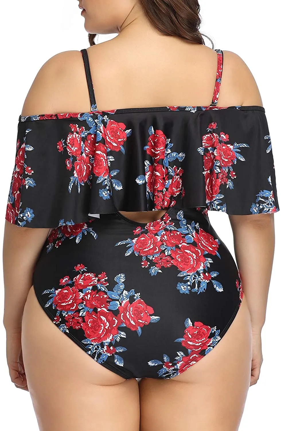 Black Floral Women Plus Size One Piece Tummy Control Flounce Bathing Suits