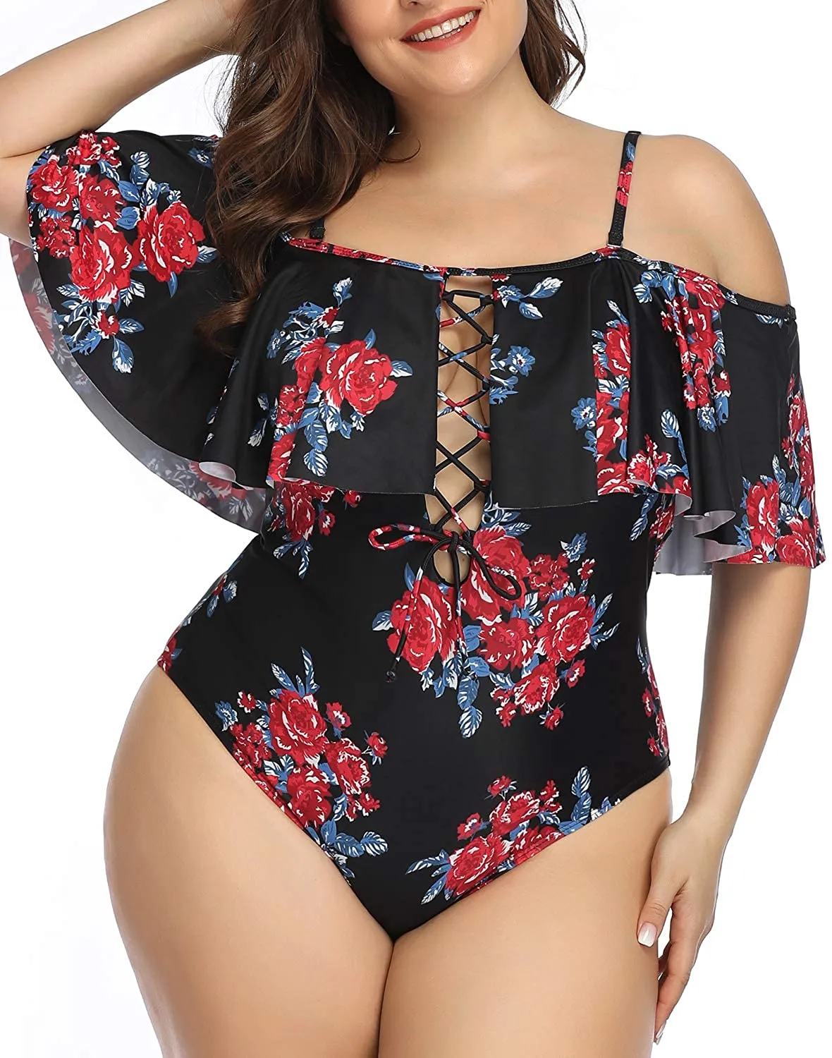Black Floral Women Plus Size One Piece Tummy Control Flounce Bathing Suits
