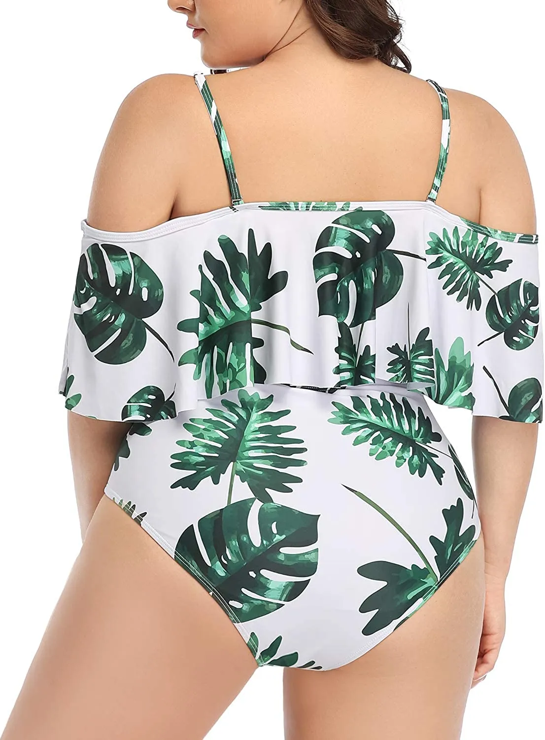 Black Floral Women Plus Size One Piece Tummy Control Flounce Bathing Suits