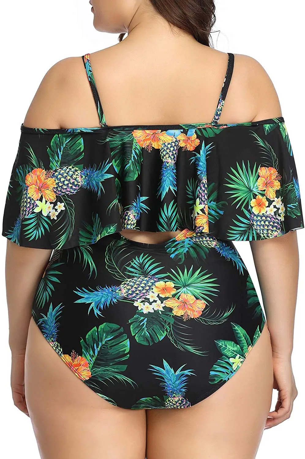 Black Floral Women Plus Size One Piece Tummy Control Flounce Bathing Suits