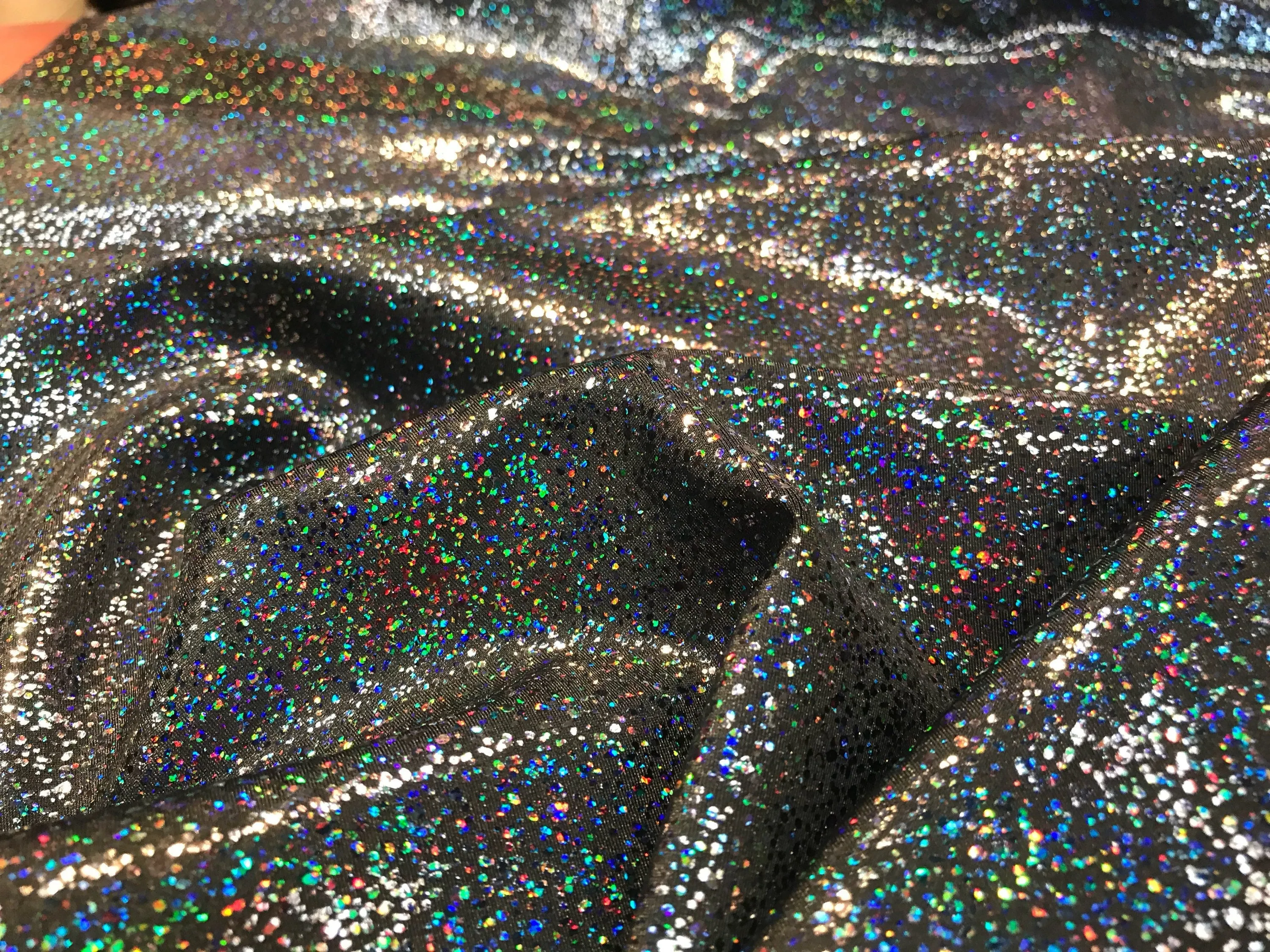 Black iridescent shattered glass design 4 way Stretch nylon spandex-dresses-fashion-leggings-baiting suits-apparel-sold by the yard