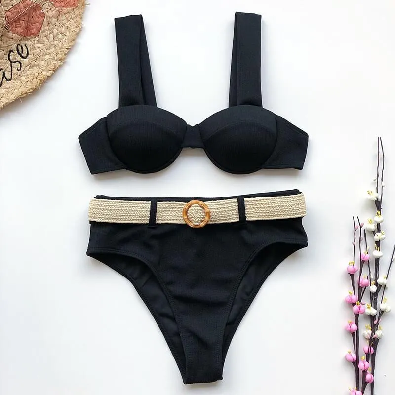 Black Plain Belt High Rise Thong Bottom Bikinis