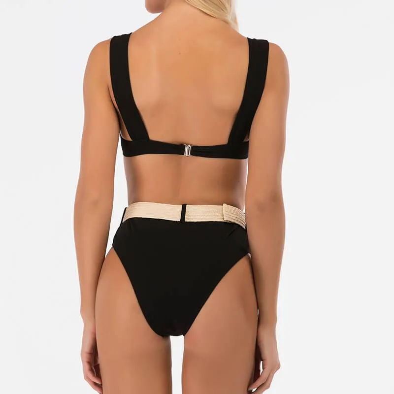 Black Plain Belt High Rise Thong Bottom Bikinis